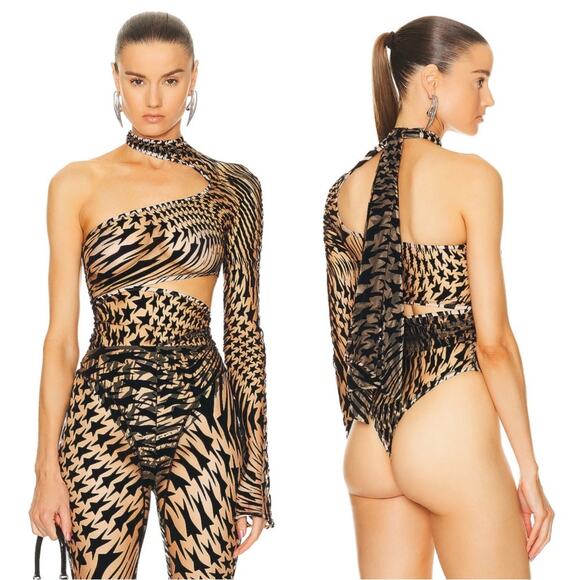 Mugler Star Print One Shoulder Mesh Black and Nude Bodysuit Size L - Picture 2 of 13